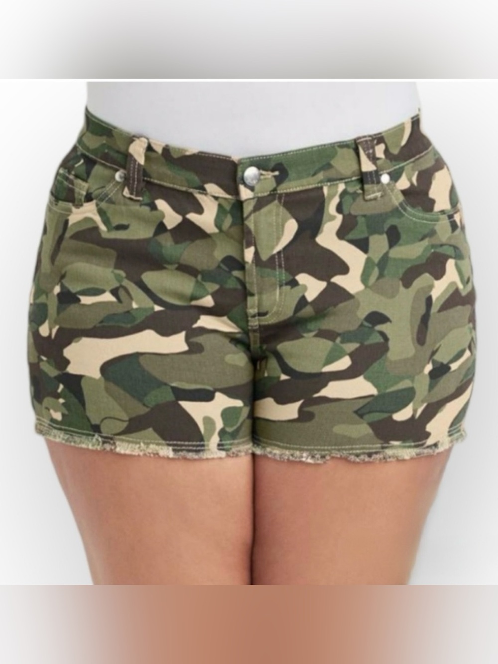 VENUS Camo Print Denim Shorts in Green and Tan